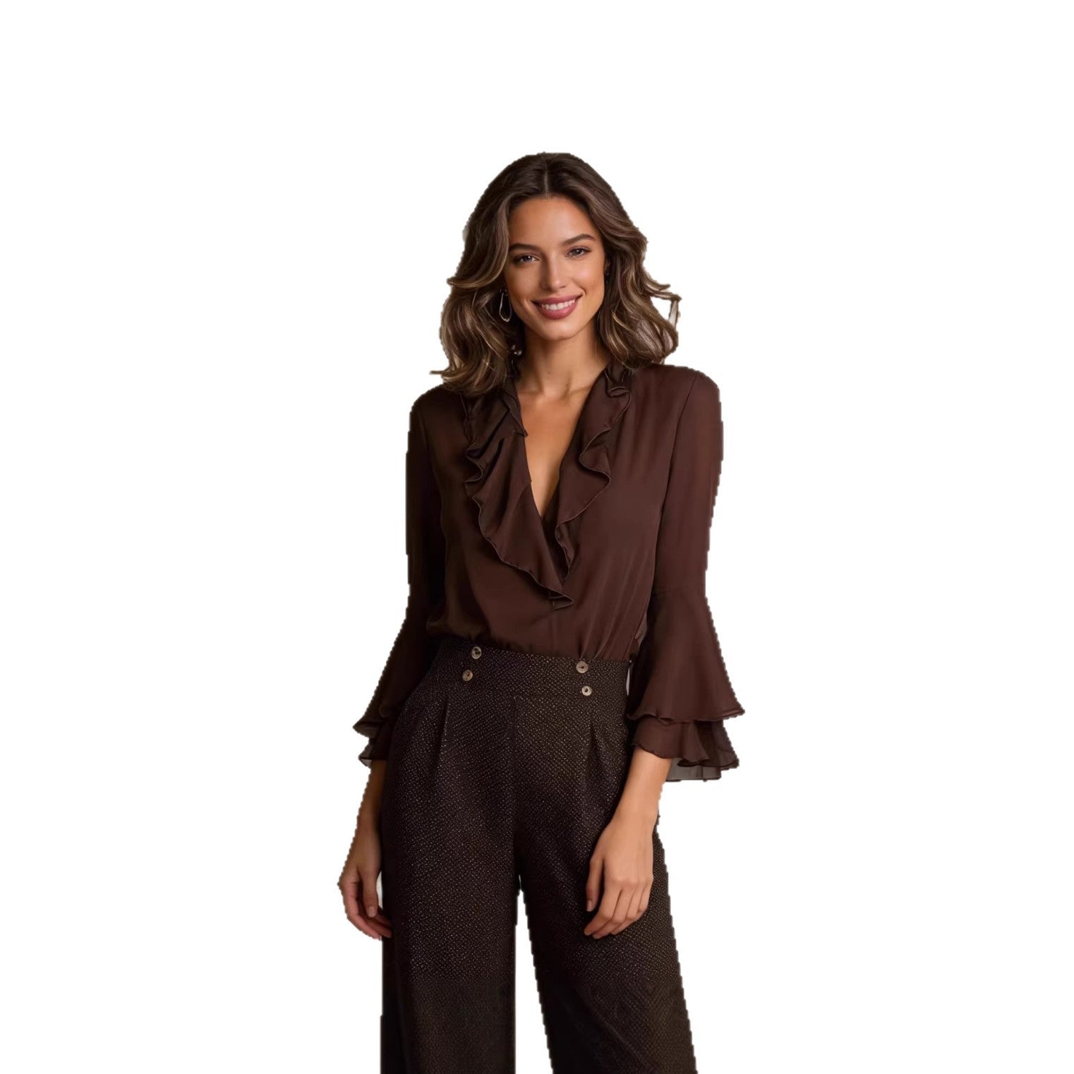 SpringSummer Sweet Ruffle-Trimmed V-Neck Shirt