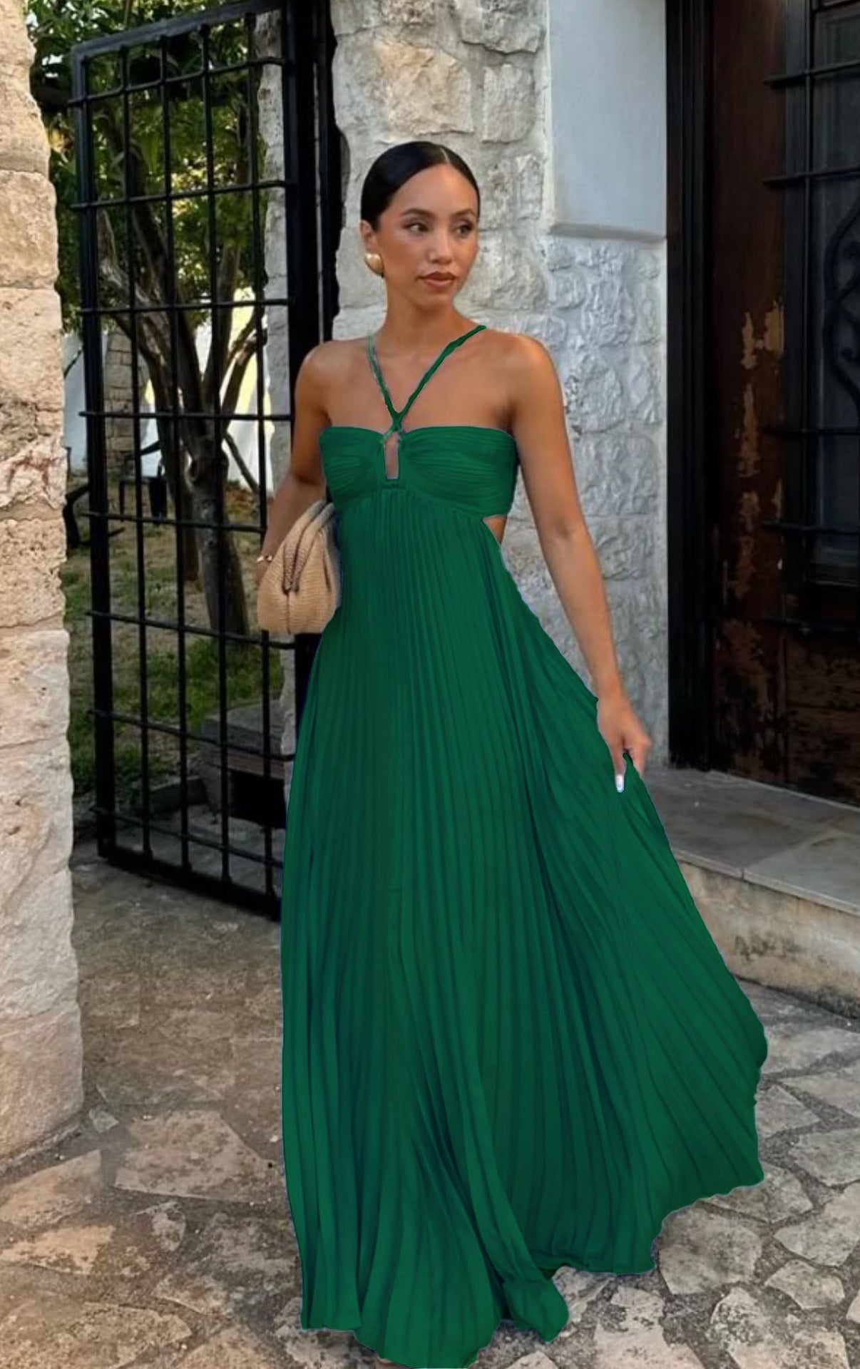 Ins Pleated Sleeveless Sling Dress Hollow High Waist Halter Robe Dresses For Evening Party Club Clothing Women