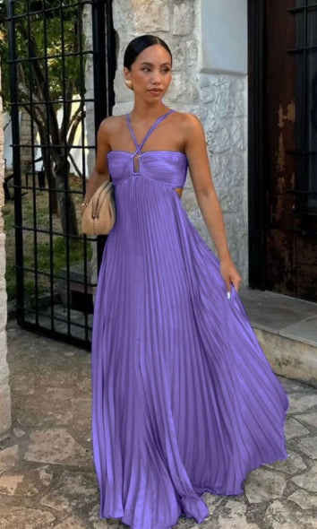 Ins Pleated Sleeveless Sling Dress Hollow High Waist Halter Robe Dresses For Evening Party Club Clothing Women